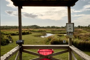 Clay shooting stand with bucket for shells, outdoor gun range, OK Corral