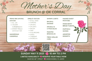 Copy of SMRR - Mother’s Day Brunch @ OK Corral, Prime Rib Carving Station, Au Jus, Creamy Horseradish, Dinner Rolls with Butter, Omelet Station, Shell Eggs, Peppers, Onions, Sausage, Bacon, Ham