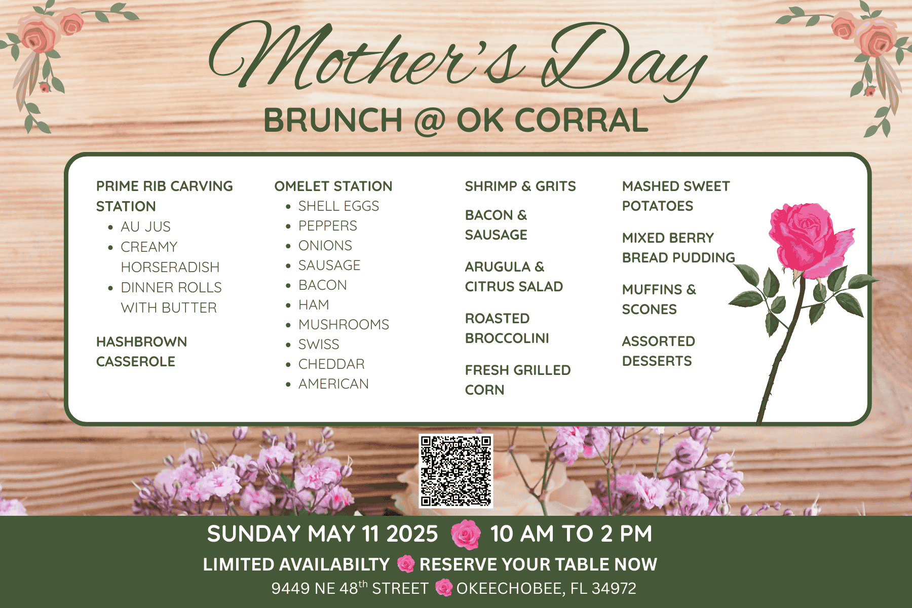 Copy of SMRR - Mother’s Day Brunch @ OK Corral, Prime Rib Carving Station, Au Jus, Creamy Horseradish, Dinner Rolls with Butter, Omelet Station, Shell Eggs, Peppers, Onions, Sausage, Bacon, Ham